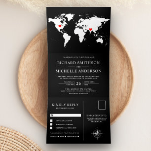 Convite Com Dobra Tripla Mapa Mundi Preto e Branco Tudo em Um Casamento