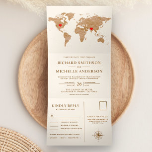 Convite Com Dobra Tripla Mapa Mundial Bronze Creme Casamento Tudo em Um