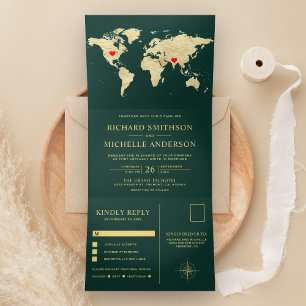 Convite Com Dobra Tripla Mapa Mundial Dourado Verde Esmeralda Tudo em Um Ca