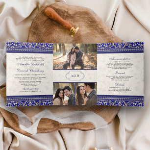 Convite Com Dobra Tripla Marfim Azul Real Fronteira Tudo em Um Casamento In