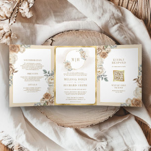 Convite Com Dobra Tripla Marfim Bege Floral Dourado Tudo em Um Casamento