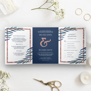 Convite Com Dobra Tripla Marinho Azul Folha Rosa Malha Dourada Casamento co