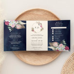 Convite Com Dobra Tripla Marinho Azul Rustic Boho Rosa Pamoral Rosa Casamen<br><div class="desc">Amaze seus hóspedes com esse elegante tudo em um convite de casamento com lindas flores magenta e grama-pampas com palmeiras secas e buquê de flores proteicas. Basta adicionar os detalhes do seu evento neste modelo fácil de usar e enfeitar este cartão com a sua foto favorita para torná-lo um convite...</div>