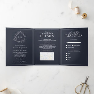 Convite Com Dobra Tripla Marinho Blue Leafy Crest Monograma Casamento