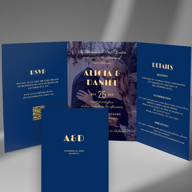 Convite Com Dobra Tripla Marinho de fotos moderno e detalhes de rsvp dourad (Criador carregado)