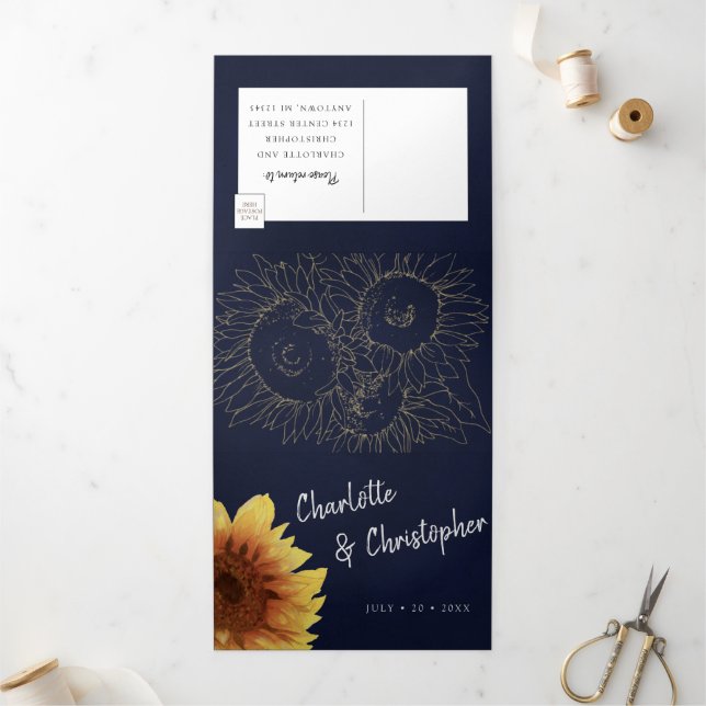 Convite Com Dobra Tripla Marinho de girassol de aquarela azul tudo em um ca (Fora)