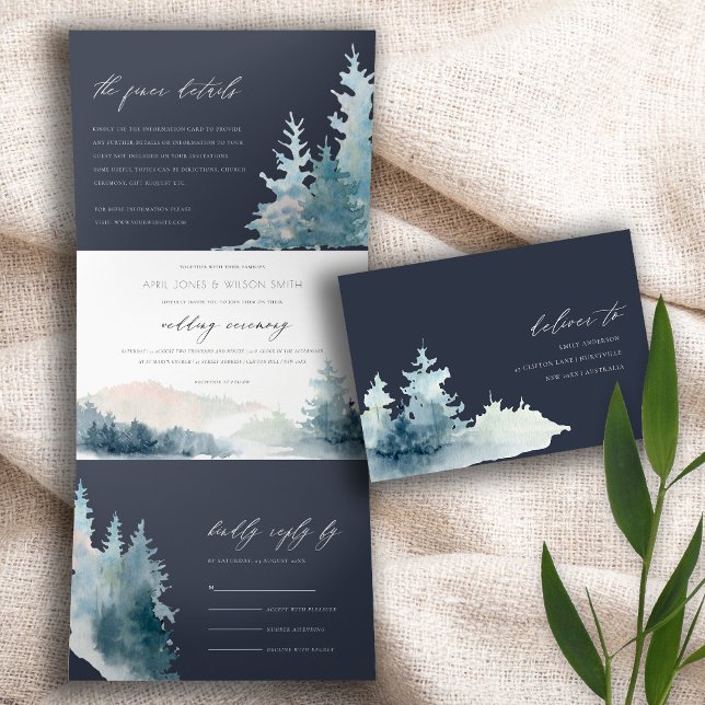 CONVITE COM DOBRA TRIPLA MARINHO DE MONTANHAS AZUIS PINOS CAMADA DE ÁGUA (Criador carregado)