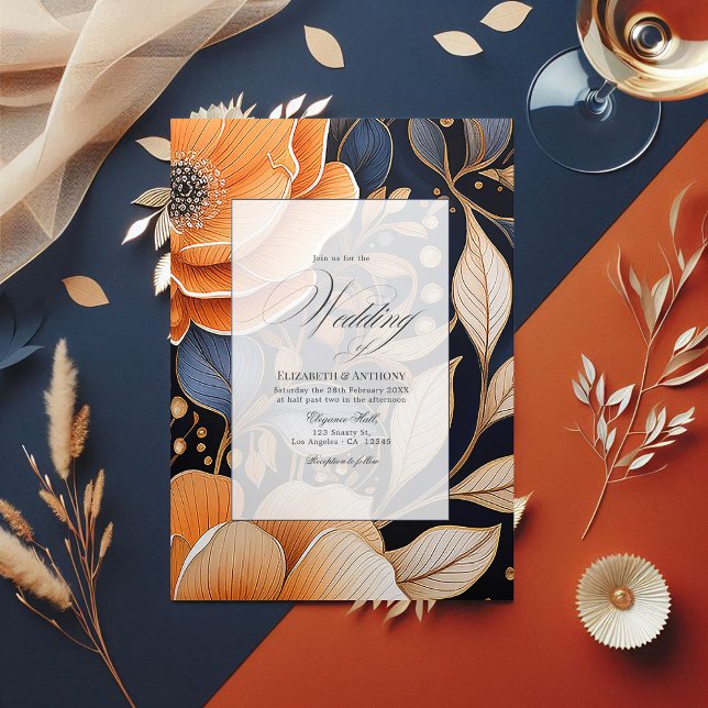 Convite Com Dobra Tripla Marinho, Laranja Queimada e Casamento Floral de Ch (Navy, Burnt Orange and Champagne Floral Wedding Tri-Fold Invitation)
