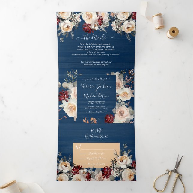 Convite Com Dobra Tripla Marinho Russo Azul Creme Borgonha e Casamento Pess (Dentro)