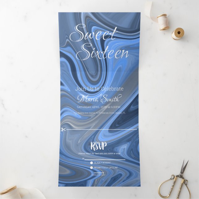 Convite Com Dobra Tripla Mármore Líquido Doce Elegante | Ágata Azul (Dentro)