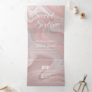 Convite Com Dobra Tripla Mármore Líquido Elegante   Agar cor-de-rosa