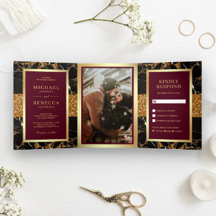 Convite Com Dobra Tripla Mármore Preto Dourado Brilho Vermelho Burgundy Cas