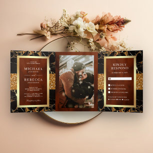 Convite Com Dobra Tripla Mármore Preto Dourado Glitter Terracota Casamento