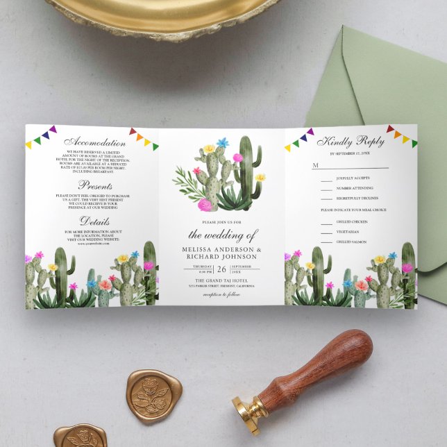 Convite Com Dobra Tripla Mexicano Fiesta Cactus Floral Tudo em Um Casamento (Criador carregado)