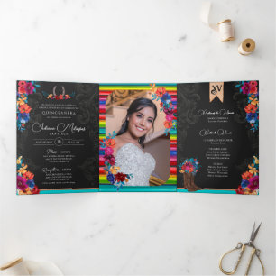 Convite Com Dobra Tripla Mexicano Fiesta Colorful Floral Charro Quinceanera