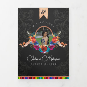 Convite Com Dobra Tripla Mexicano Fiesta Colorful Floral Charro Quinceañera