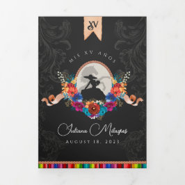 Convite Com Dobra Tripla Mexicano Fiesta Colorful Floral Charro Quinceanera