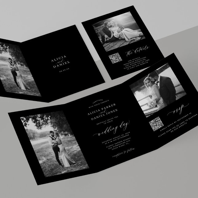 Convite Com Dobra Tripla Minimal photo QR code RSVP details black wedding (Criador carregado)