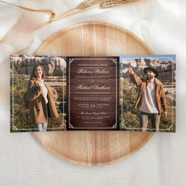 Convite Com Dobra Tripla Minimalist Photo Rustic Barn Wood QR Code Wedding (Criador carregado)