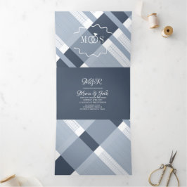 Convite Com Dobra Tripla Minimalista Aliança com Logotipo em Xadrez Azul Po