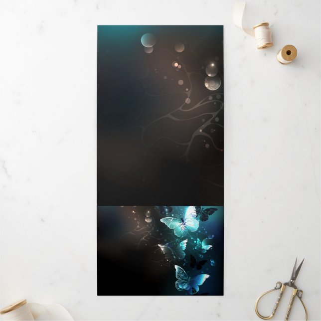 Convite Com Dobra Tripla Mint Night Butterflies (Fora)