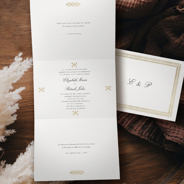 Convite Com Dobra Tripla Modern Classic Formal Golden Lys Ivory Wedding (formal traditional wedding invitation modern classic gold ivory deco ballroom all in one trifold)