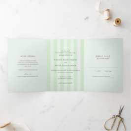 Convite Com Dobra Tripla Modern Green Stripes Elegant Wedding