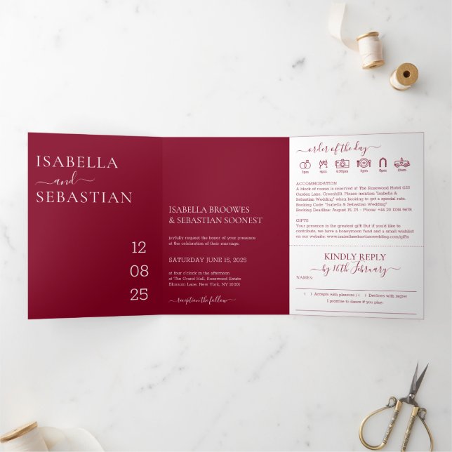 Convite Com Dobra Tripla Modern Minimal Burgundy All-in-One Wedding (Dentro)