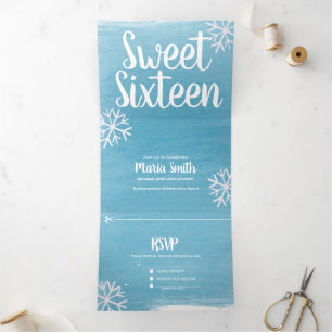 Convite Com Dobra Tripla Modern Sweet 16 Snowflakes Espalhados Aquarela