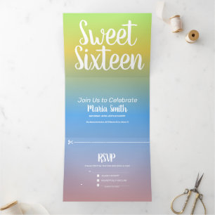 Convite Com Dobra Tripla Modern Sweet 16 Yellow Rainbow Ombre Dois Tone