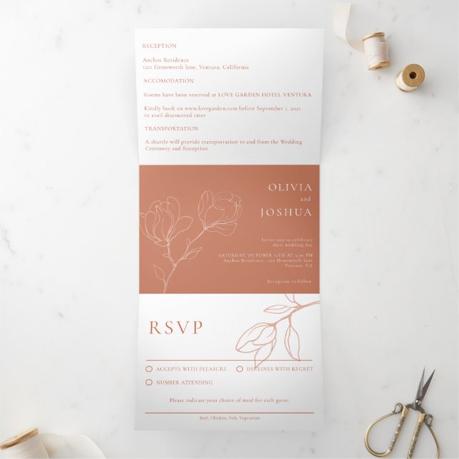 Convite Com Dobra Tripla Modern Terracotta Boho Floral (Dentro)