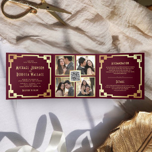 Convite Com Dobra Tripla Moldura Art Déco Bordeaux Dourado Código QR Casame