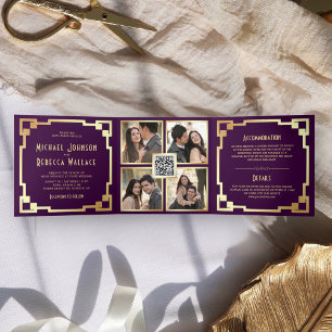 Convite Com Dobra Tripla Moldura Quadrada Art Déco Roxo Código QR Dourado C