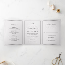 Convite Com Dobra Tripla Monograma Cinza Claro Simples Elegante Casamento