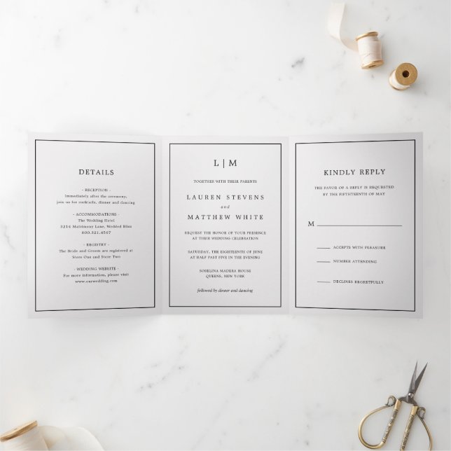 Convite Com Dobra Tripla Monograma Cinza Claro Simples Elegante Casamento (Dentro)