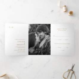 Convite Com Dobra Tripla Monograma Dourado Foto Casamento Moderno