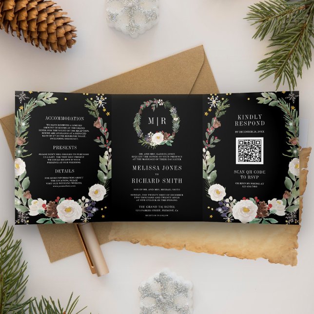 Convite Com Dobra Tripla Monograma Floral de Natal Código QR Casamento Pret (Criador carregado)