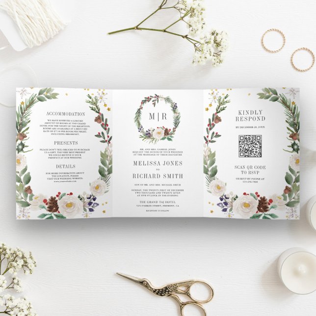 Convite Com Dobra Tripla Monograma Floral de Natal Russo Código QR Casament (Criador carregado)