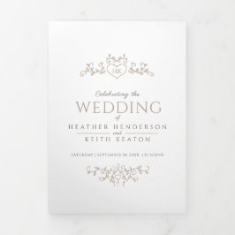 Convite Com Dobra Tripla Monograma folha coração castanho bronzeado casamen