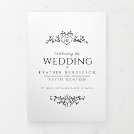 Convite Com Dobra Tripla Monograma folha coração negro casamento branco tud