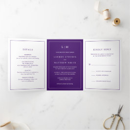 Convite Com Dobra Tripla Monograma Roxo Simples para Casamento Elegante