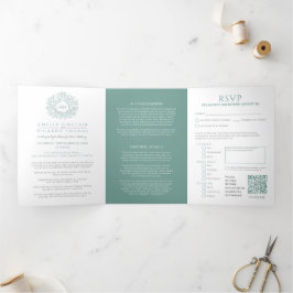 Convite Com Dobra Tripla Monograma Sage Green Foles casamento tudo em um