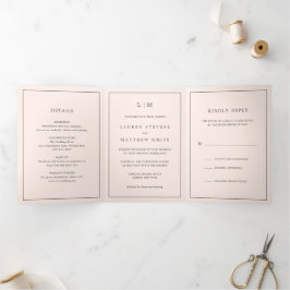 Convite Com Dobra Tripla Monograma Simples Rosa Bege Elegante Casamento