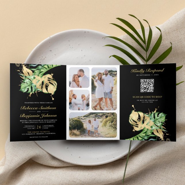 Convite Com Dobra Tripla Monstera Tropical Palma Dourada Código QR Preto Ca (Criador carregado)