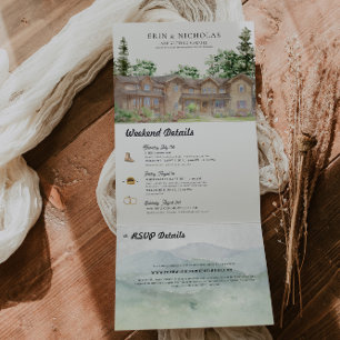Convite Com Dobra Tripla Montanhas Rústicas de Teton   Casamento Ilustrado
