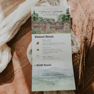 Convite Com Dobra Tripla Montanhas Rústicas de Teton Casamento Ilustrado