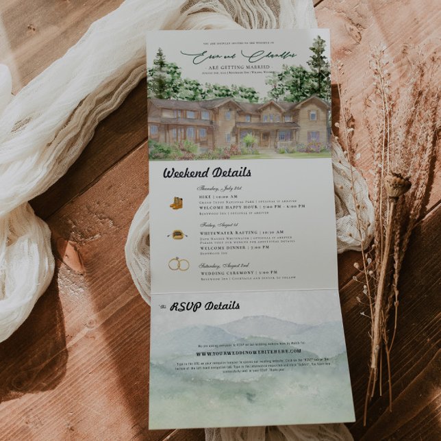 Convite Com Dobra Tripla Montanhas Rústicas de Teton | Casamento Ilustrado  (Criador carregado)