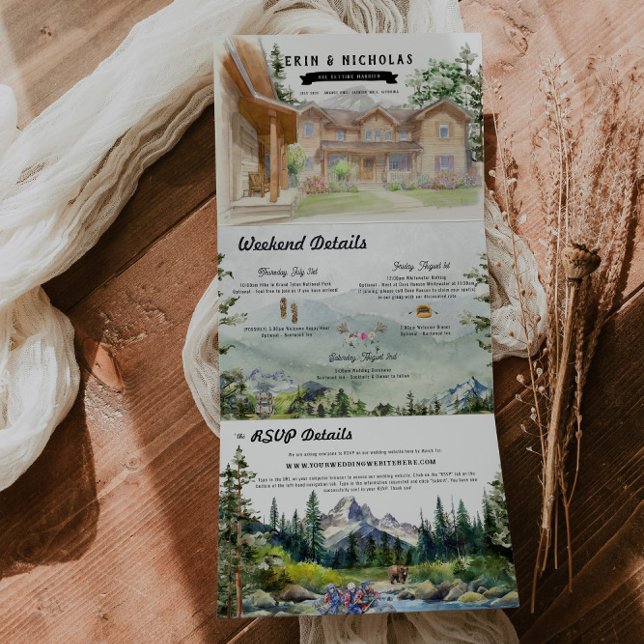 Convite Com Dobra Tripla Montanhas Rústicas de Teton | Casamento Ilustrado (Criador carregado)
