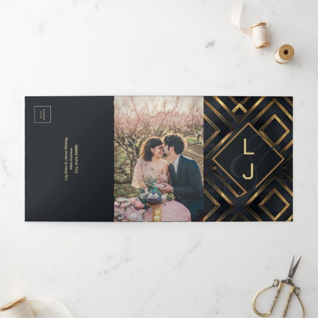 Convite Com Dobra Tripla Noite de casamento Dourado moderno (Fora)