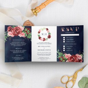 Convite Com Dobra Tripla Noiva Azul Naval Rosa Bege Floral Casamento